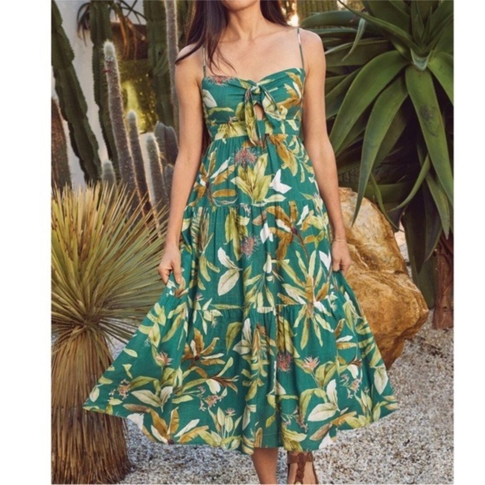 O.P.T Terry Evereve Dress Women XS Tropical Fern Floral Midi Smocked Boho Linen